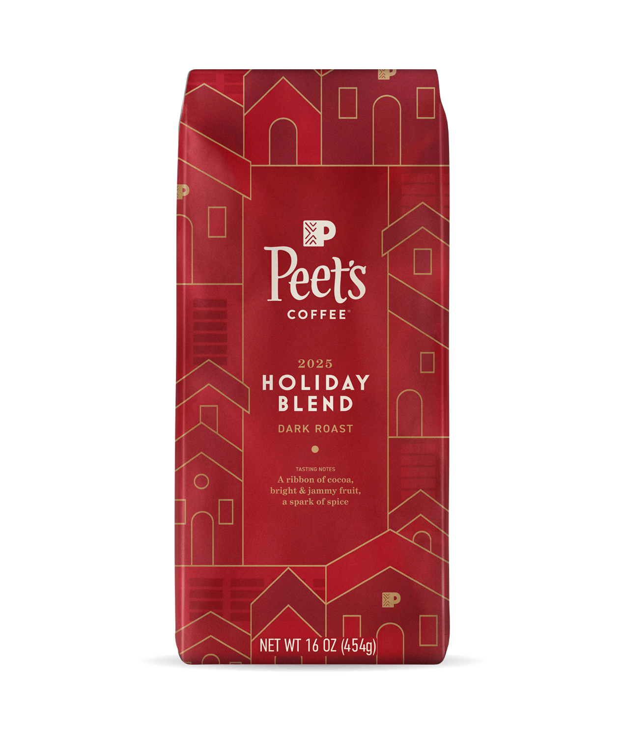 Peet's Coffee Holiday Blend 2025 Coffee Beans in a festive, red 16oz bag